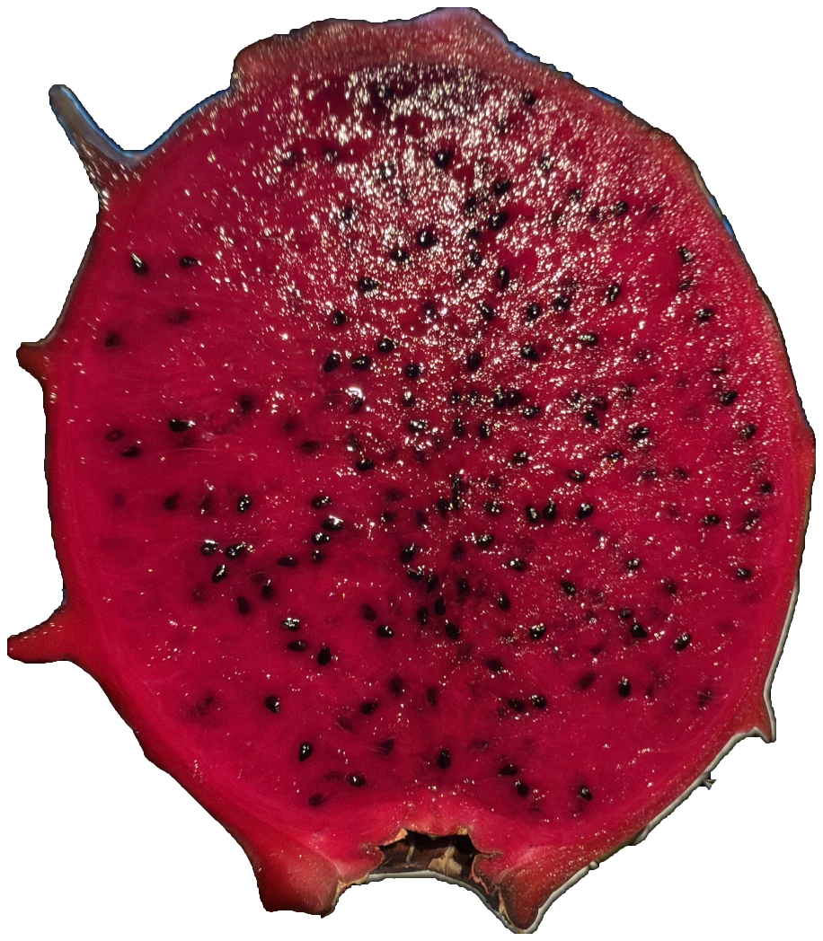 Plumb Crazy dragon fruit cut in half, showing magenta flesh flecked with fine black seeds.